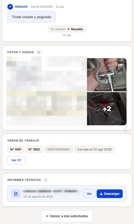 INGEGAR One: fotografías del trabajo realizado, orden de trabajo asociada e informe técnico descargable