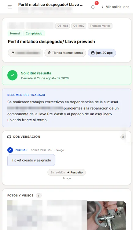 INGEGAR One: detalle de una solicitud de mantención con su estado, resumen del trabajo y conversación de seguimiento